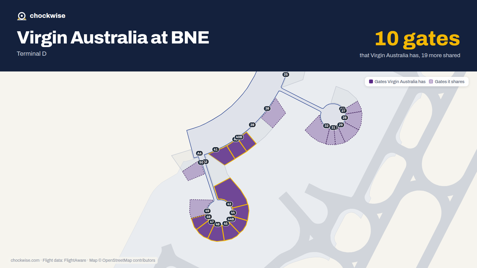 Map of BNE with the gates Virgin Australia uses highlighted: 40, 40B, 41, 43, 44, 44B, 45, 46 and 2 more.