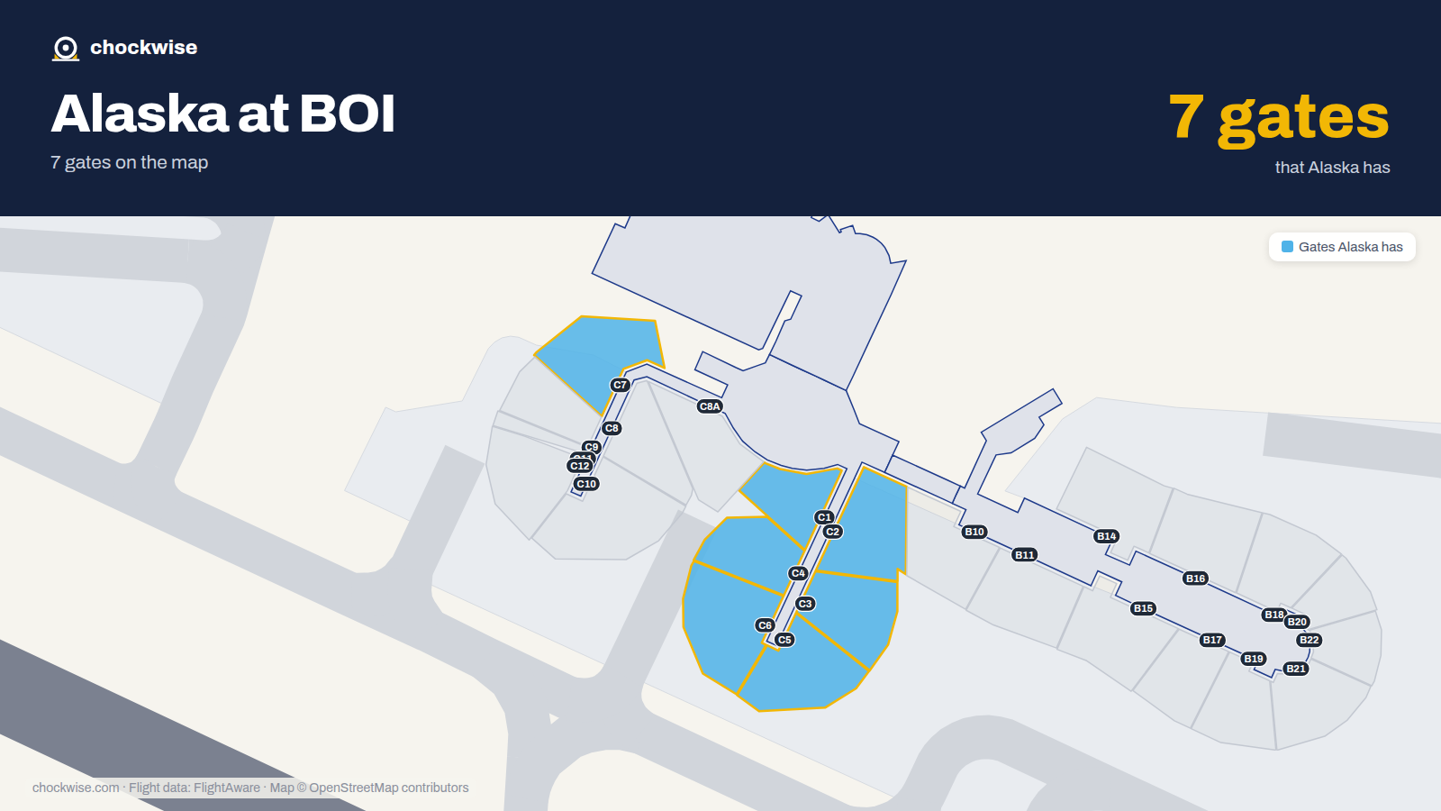 Map of BOI with the gates Alaska Airlines uses highlighted: C1, C2, C3, C4, C5, C6 and C7.