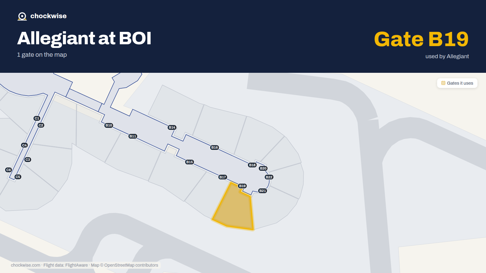 Map of BOI with the gates Allegiant Air uses highlighted: B19.