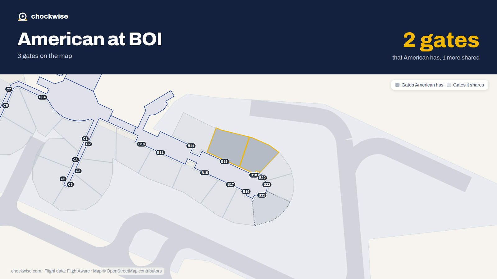 Map of BOI with the gates American Airlines uses highlighted: B16 and B18.