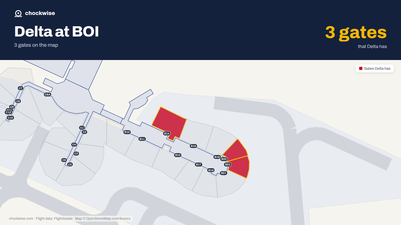 Map of BOI with the gates Delta Air Lines uses highlighted: B14, B20 and B22.