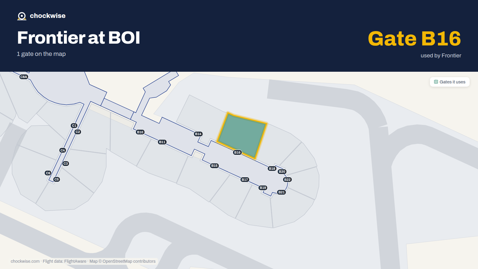 Map of BOI with the gates Frontier Airlines uses highlighted: B16.