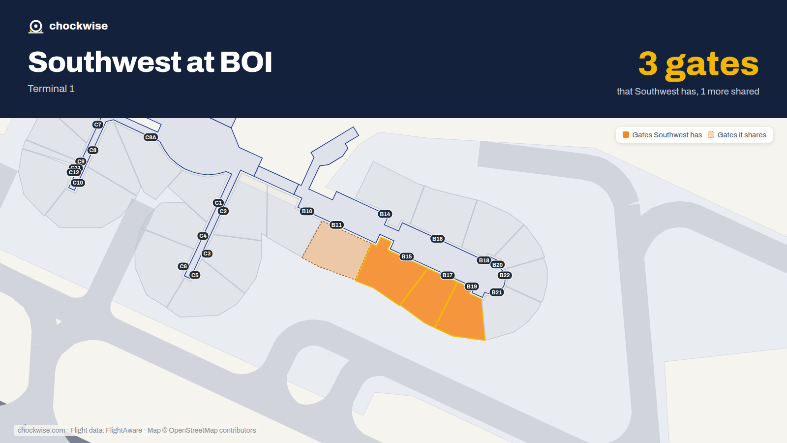 Map of BOI with the gates Southwest Airlines uses highlighted: B15, B17 and B19.