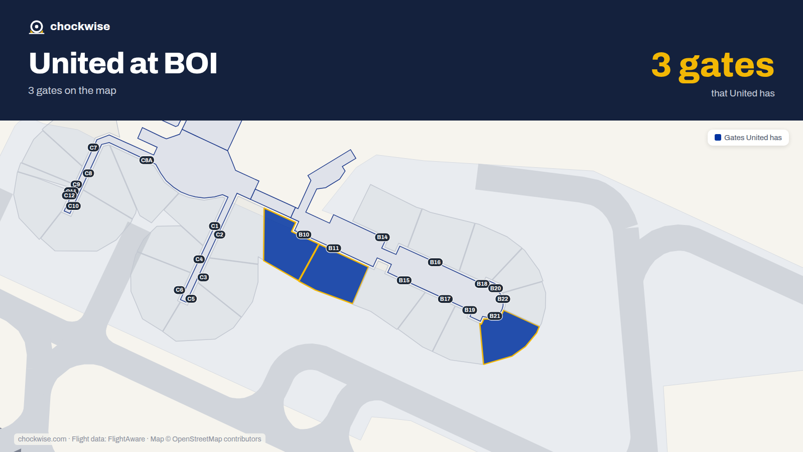 Map of BOI with the gates United Airlines uses highlighted: B10, B11 and B21.