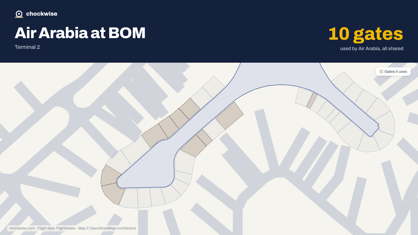 Map of BOM with the gates Air Arabia uses highlighted: 46A, 66, 67A, 67B, 68A, 68B, 69A, 69B and 2 more.
