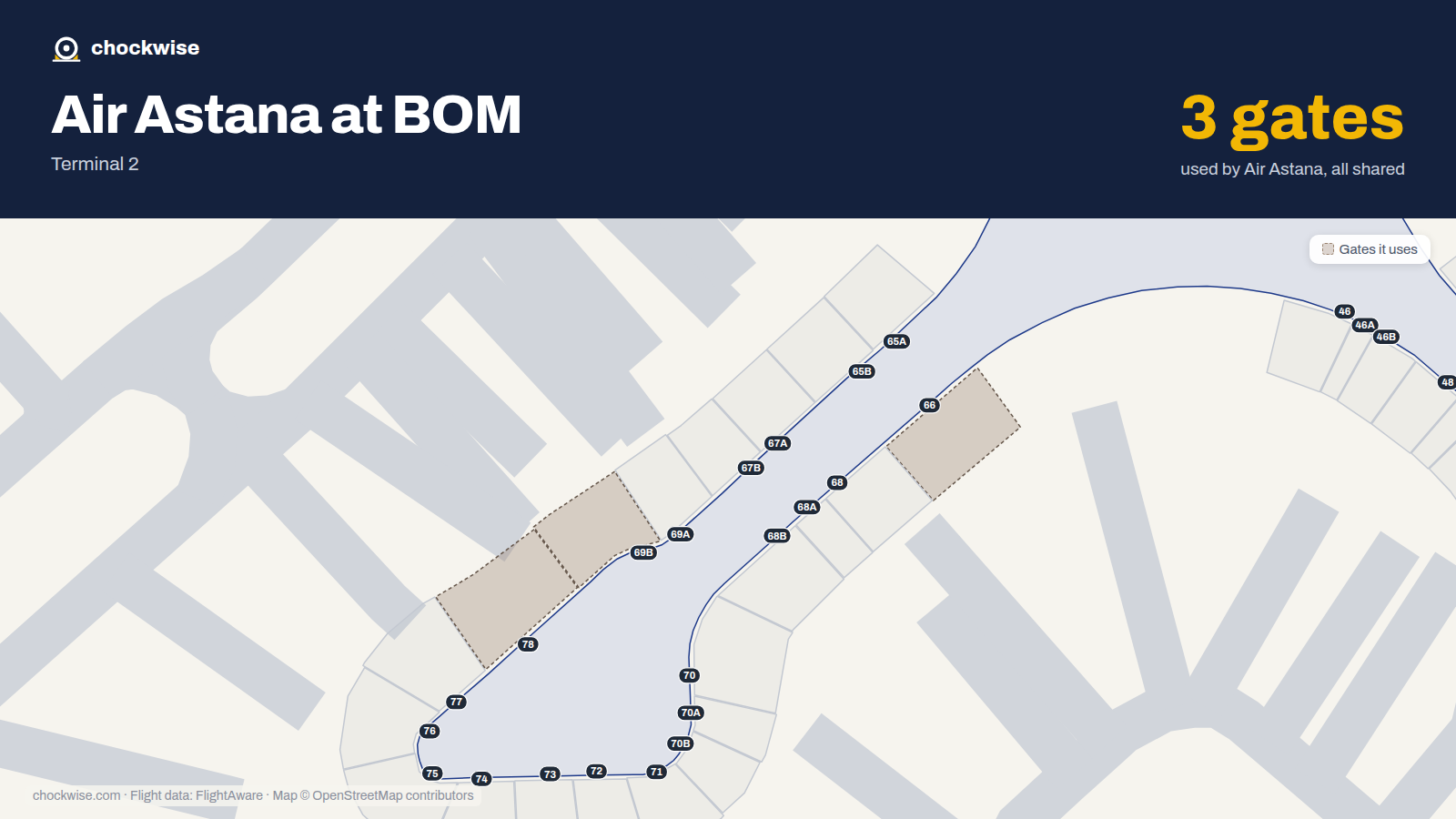 Map of BOM with the gates Air Astana uses highlighted: 66, 69B and 78.