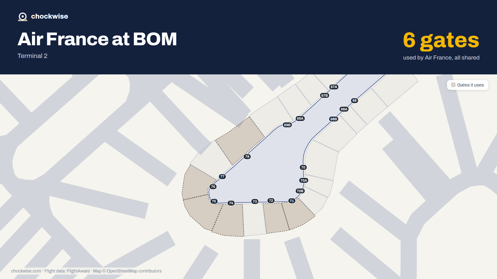 Map of BOM with the gates Air France uses highlighted: 71, 72, 74, 75, 76 and 78.
