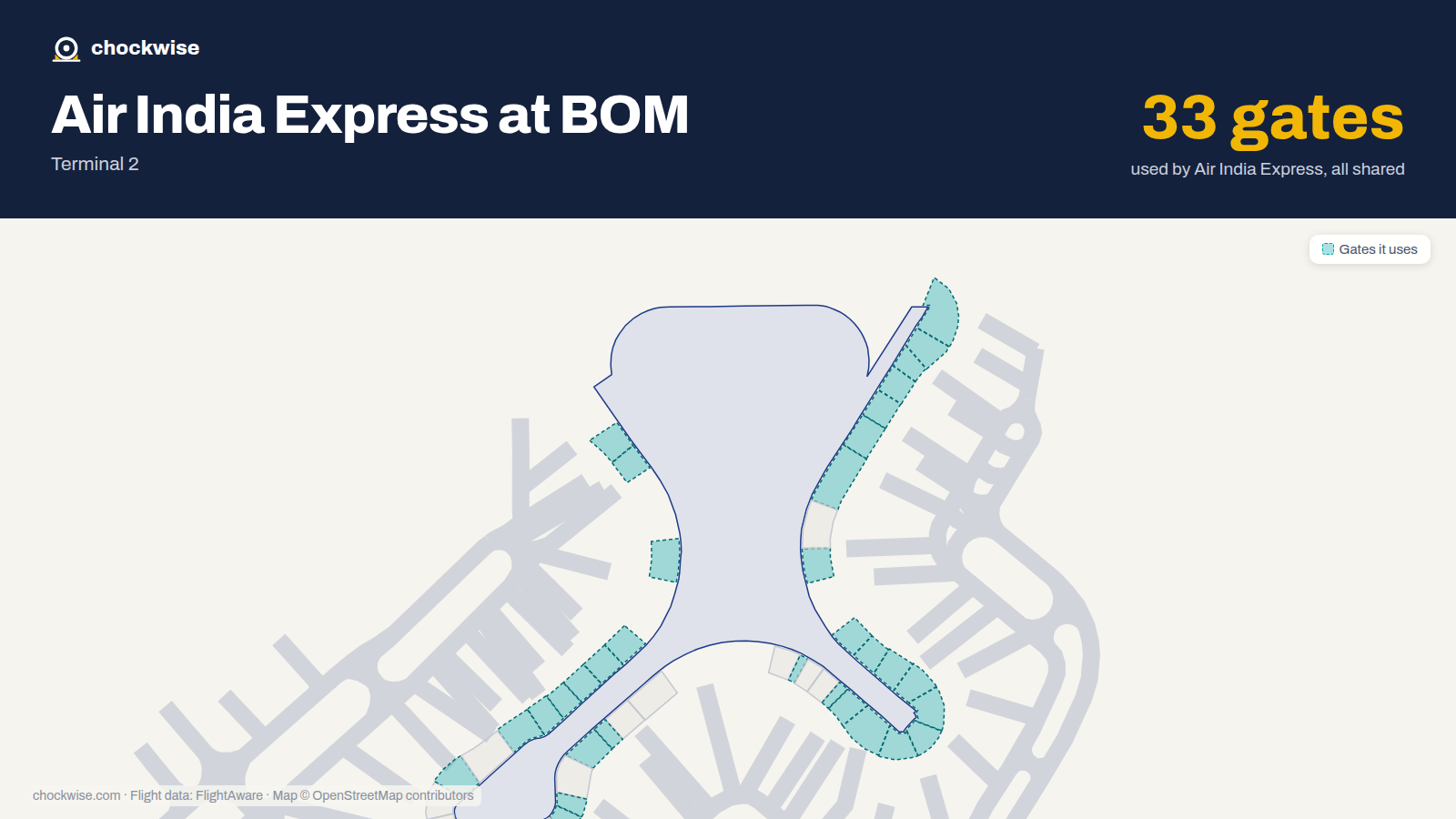 Map of BOM with the gates Air India Express uses highlighted: 40A, 40B, 41A, 41B, 42A, 42B, 43, 44A and 26 more.