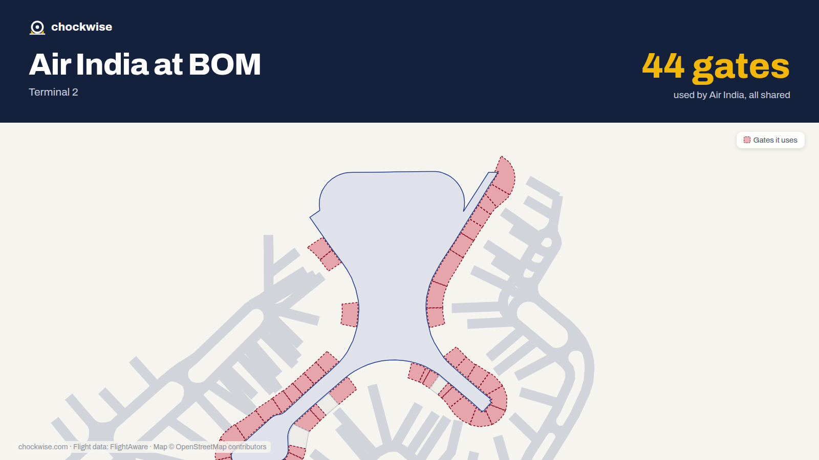 Map of BOM with the gates Air India uses highlighted: 40A, 40B, 41A, 41B, 42A, 42B, 43, 44A and 38 more.
