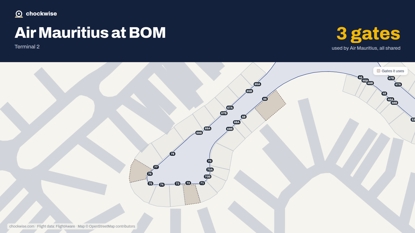 Map of BOM with the gates Air Mauritius uses highlighted: 66, 72 and 76.