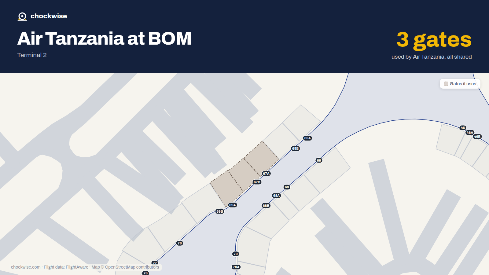 Map of BOM with the gates Air Tanzania uses highlighted: 67A, 67B and 69A.
