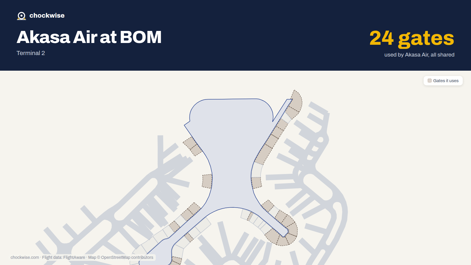 Map of BOM with the gates Akasa Air uses highlighted: 40A, 40B, 41A, 42A, 42B, 43, 44A, 46A and 17 more.