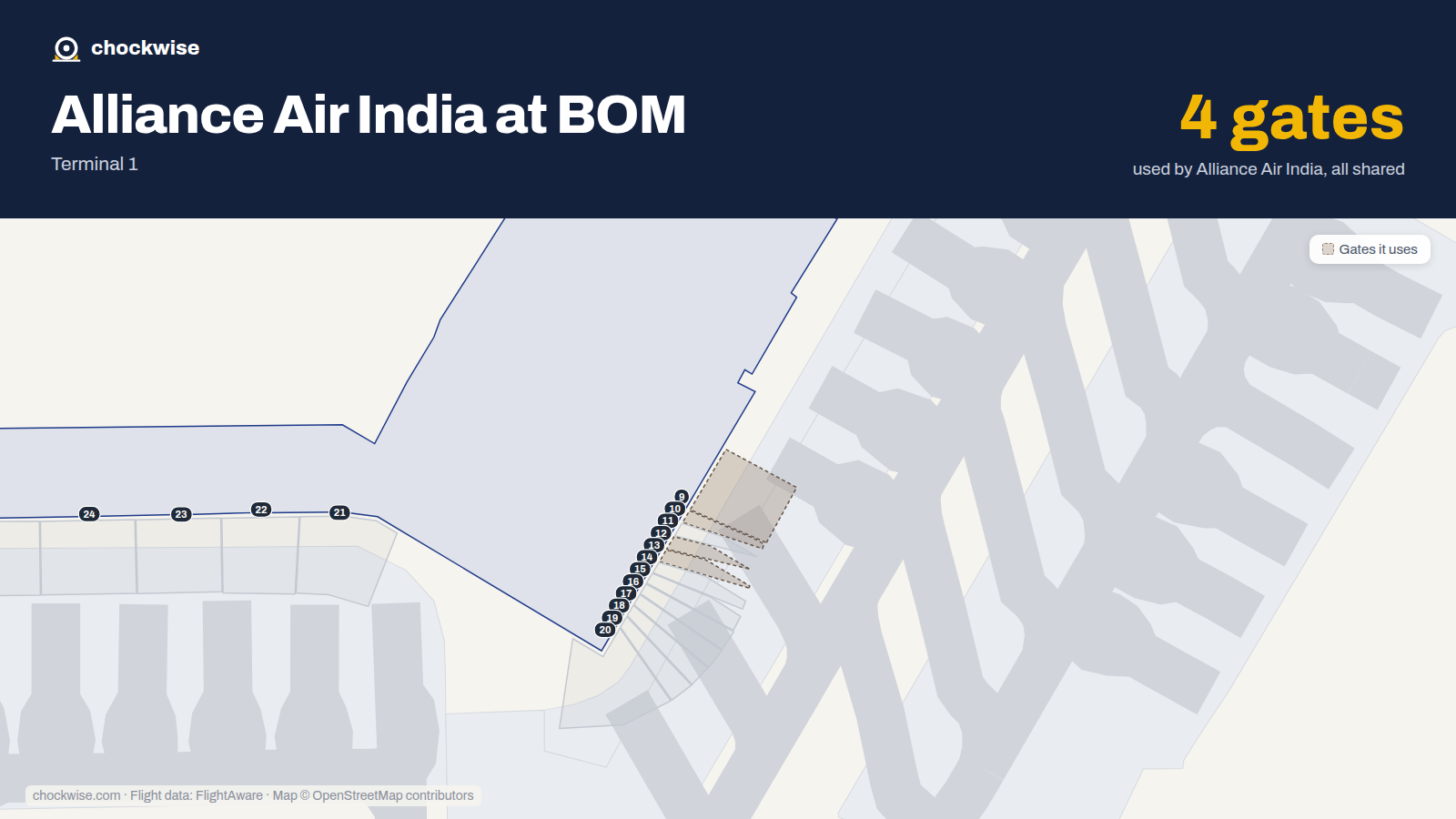 Map of BOM with the gates Alliance Air (India) uses highlighted: 9, 10, 12 and 13.