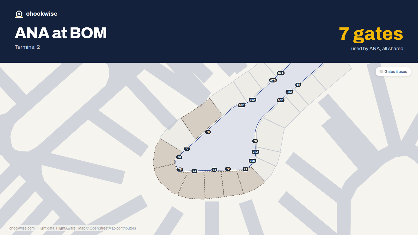 Map of BOM with the gates All Nippon Airways (ANA) uses highlighted: 71, 72, 73, 74, 75, 76 and 78.