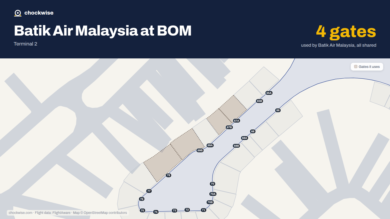 Map of BOM with the gates Batik Air Malaysia uses highlighted: 67A, 67B, 69B and 78.