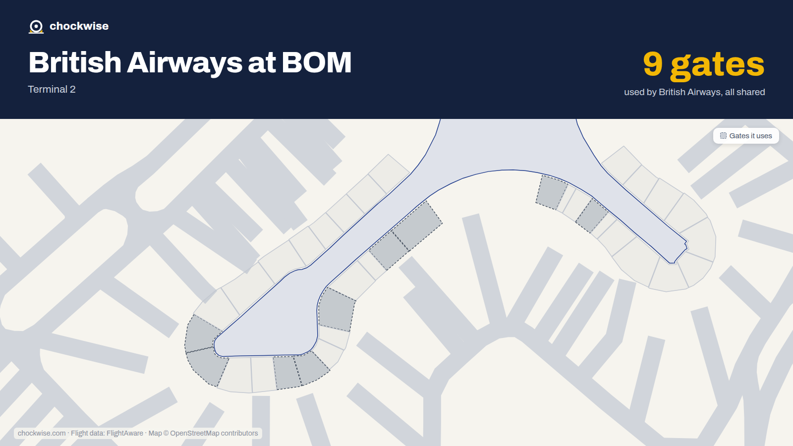 Map of BOM with the gates British Airways uses highlighted: 46, 48, 66, 68, 70, 71, 72, 75 and 1 more.