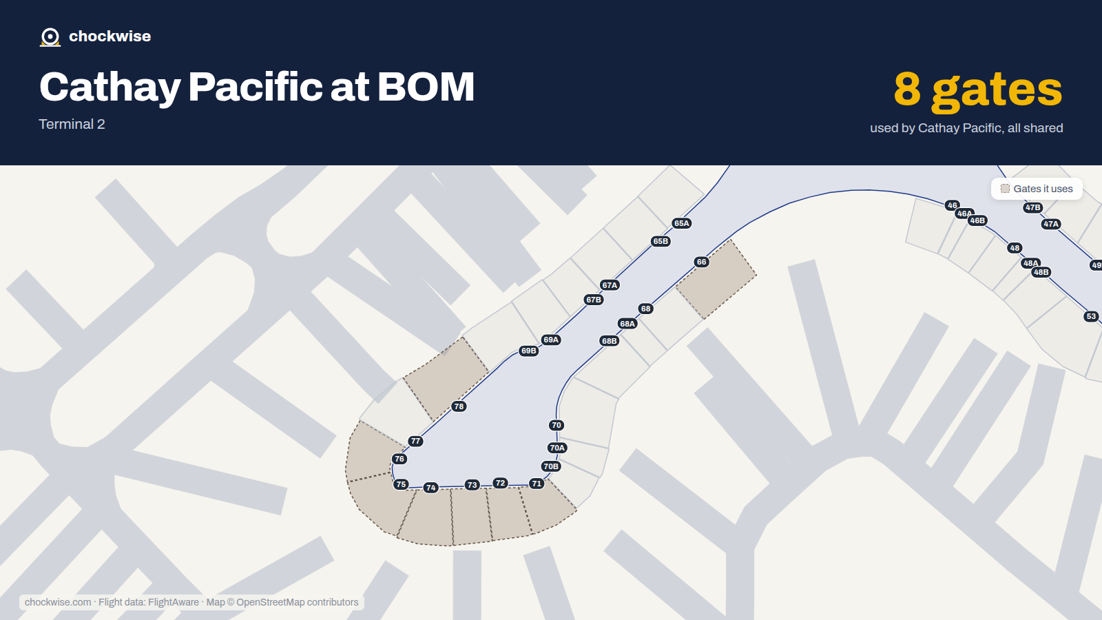 Map of BOM with the gates Cathay Pacific uses highlighted: 66, 71, 72, 73, 74, 75, 76 and 78.