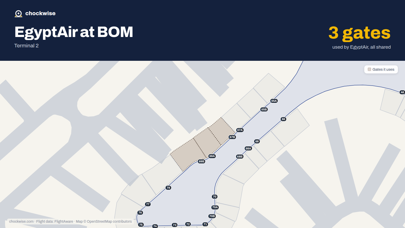 Map of BOM with the gates EgyptAir uses highlighted: 67B, 69A and 69B.