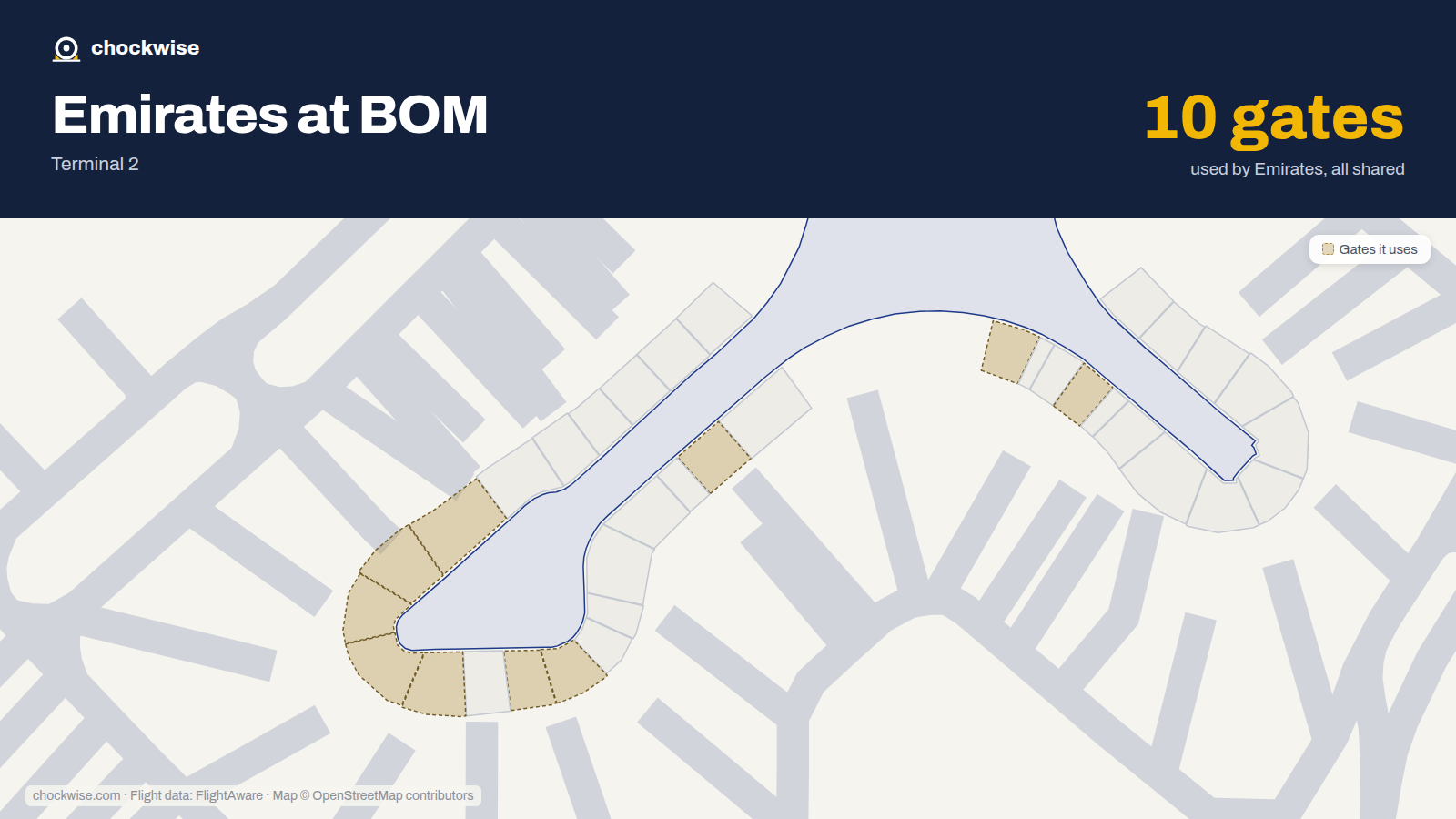 Map of BOM with the gates Emirates uses highlighted: 46, 48, 68, 71, 72, 74, 75, 76 and 2 more.