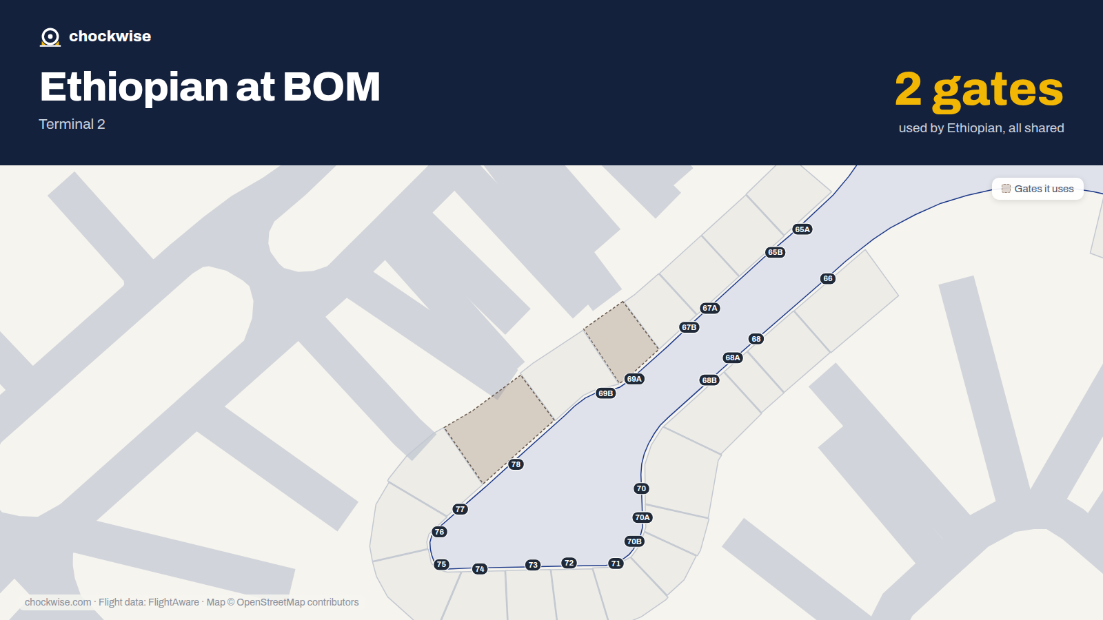 Map of BOM with the gates Ethiopian Airlines uses highlighted: 69A and 78.