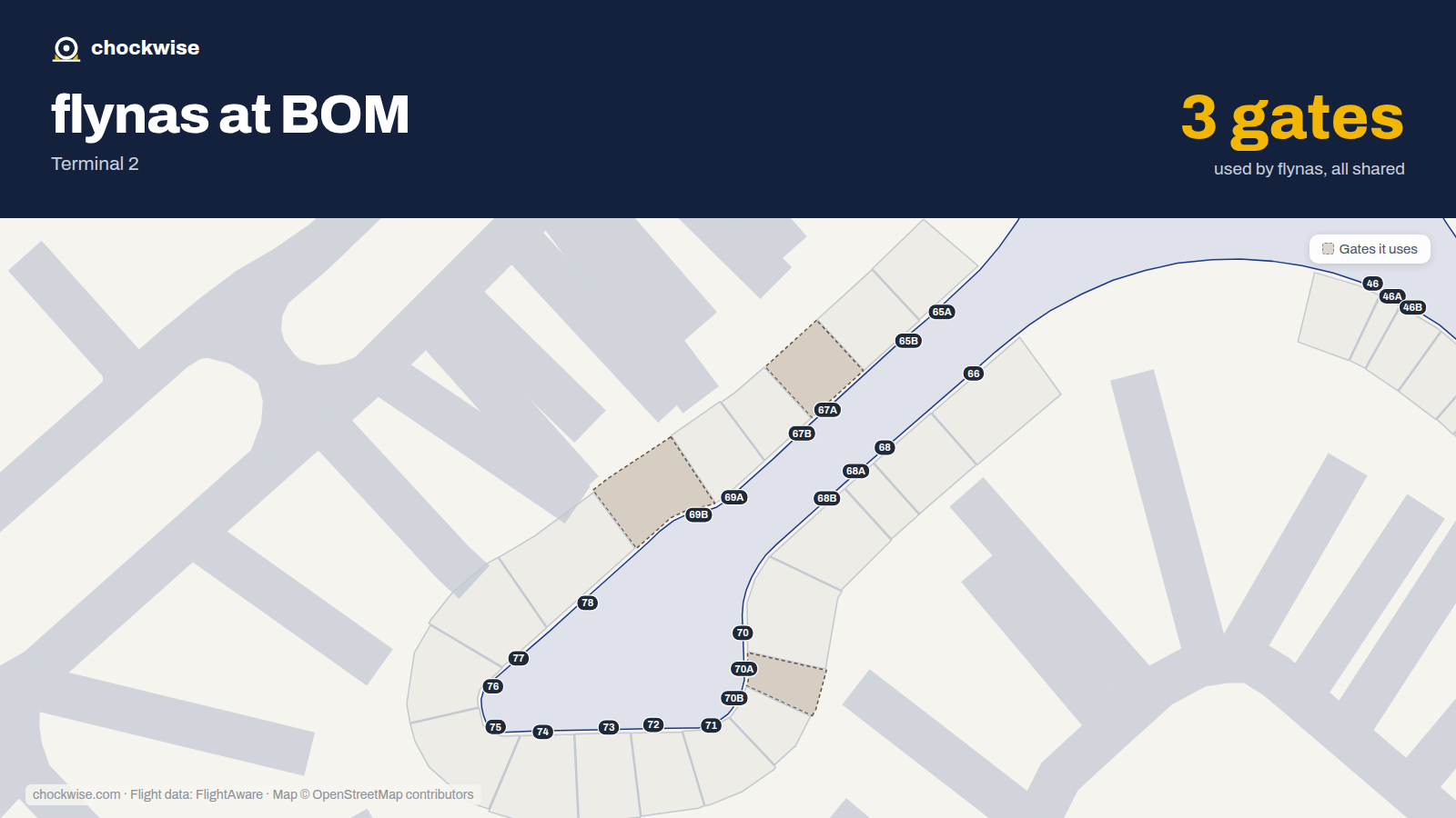 Map of BOM with the gates flynas uses highlighted: 67A, 69B and 70A.