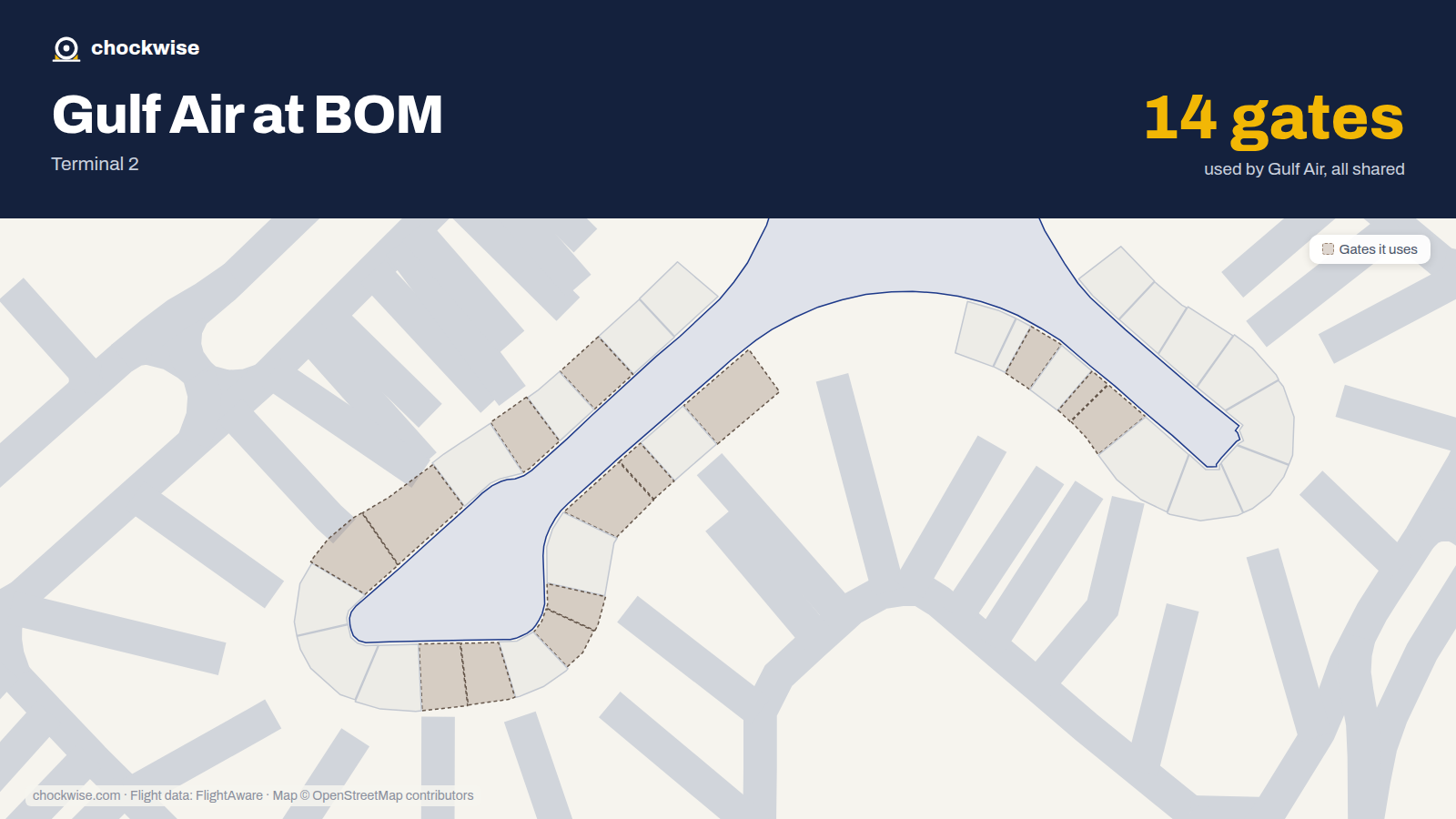 Map of BOM with the gates Gulf Air uses highlighted: 46B, 48A, 48B, 66, 67A, 68A, 68B, 69A and 6 more.