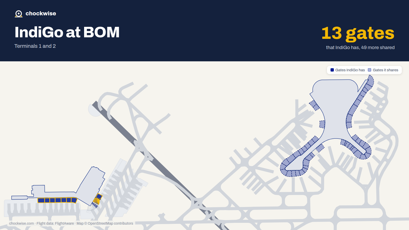 Map of BOM with the gates IndiGo uses highlighted: 9, 11, 12, 13, 14, 15, 21, 22 and 5 more.