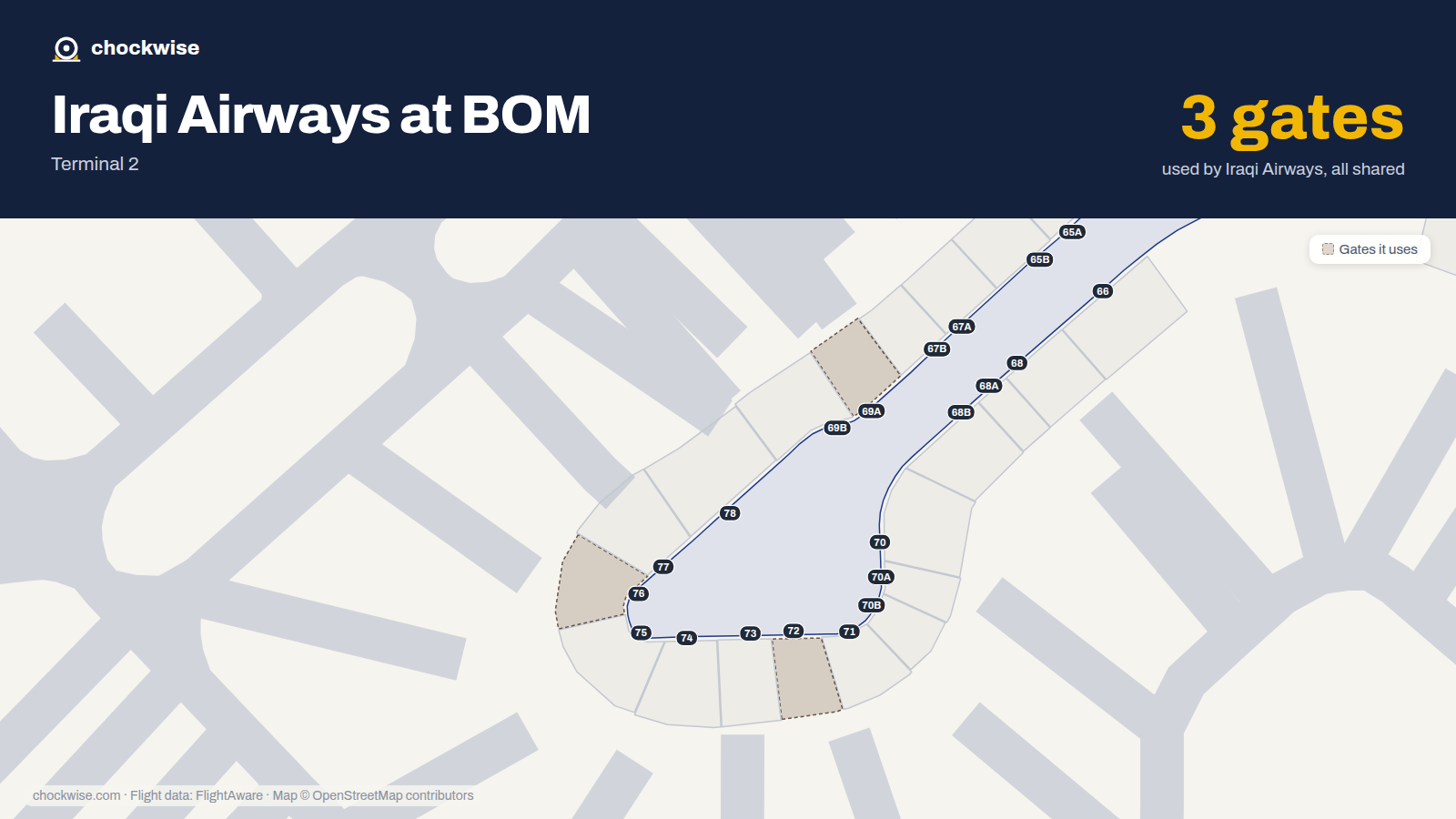 Map of BOM with the gates Iraqi Airways uses highlighted: 69A, 72 and 76.