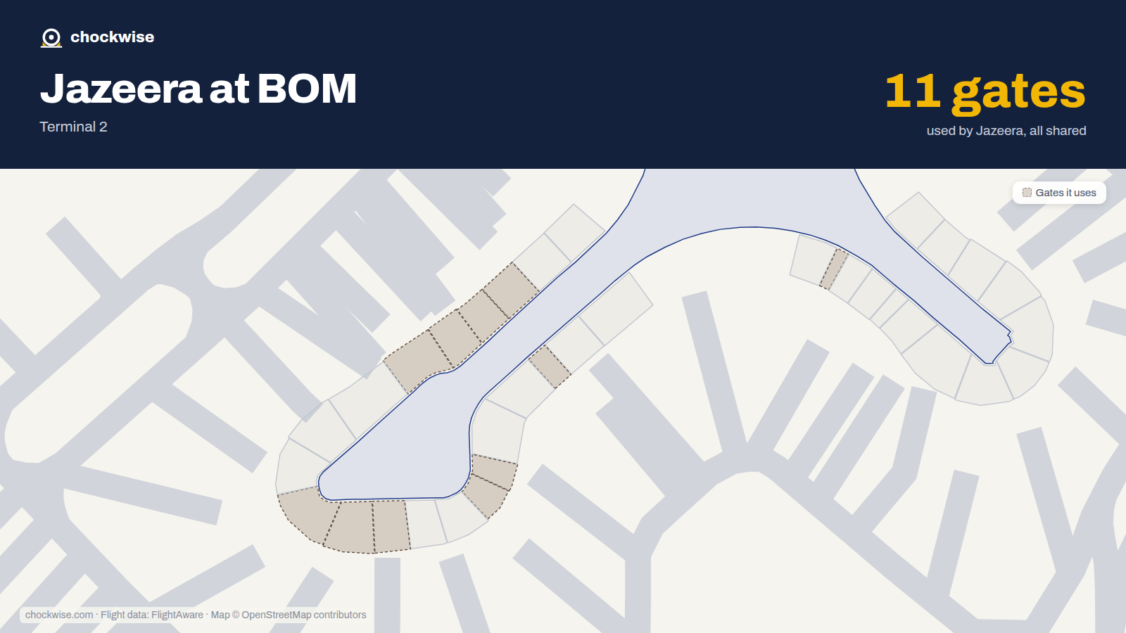 Map of BOM with the gates Jazeera Airways uses highlighted: 46A, 67A, 67B, 68A, 69A, 69B, 70A, 70B and 3 more.