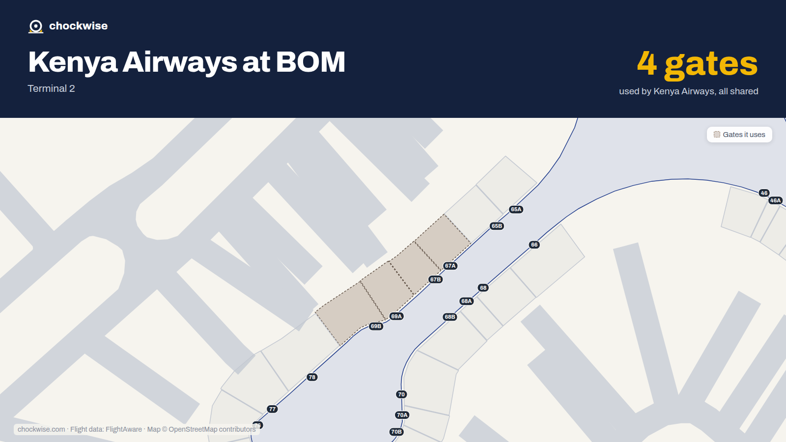 Map of BOM with the gates Kenya Airways uses highlighted: 67A, 67B, 69A and 69B.