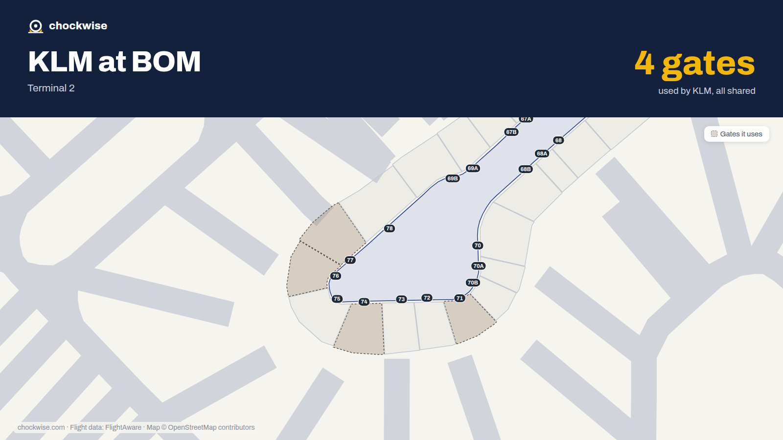Map of BOM with the gates KLM uses highlighted: 71, 74, 76 and 77.
