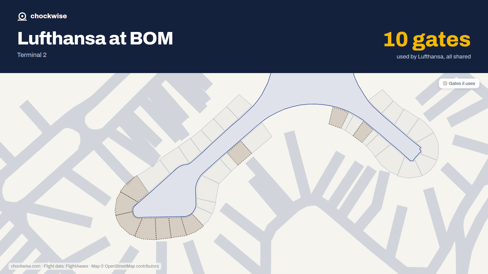 Map of BOM with the gates Lufthansa uses highlighted: 46, 48, 68, 71, 72, 73, 74, 75 and 2 more.