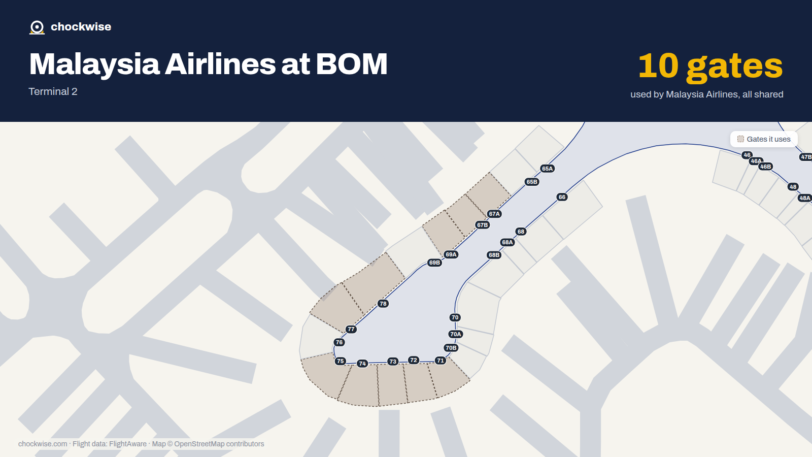 Map of BOM with the gates Malaysia Airlines uses highlighted: 67A, 67B, 69A, 71, 72, 73, 74, 75 and 2 more.