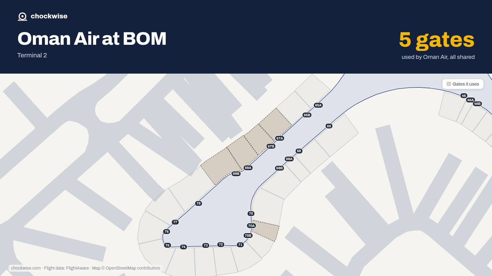 Map of BOM with the gates Oman Air uses highlighted: 67A, 67B, 69A, 69B and 70A.