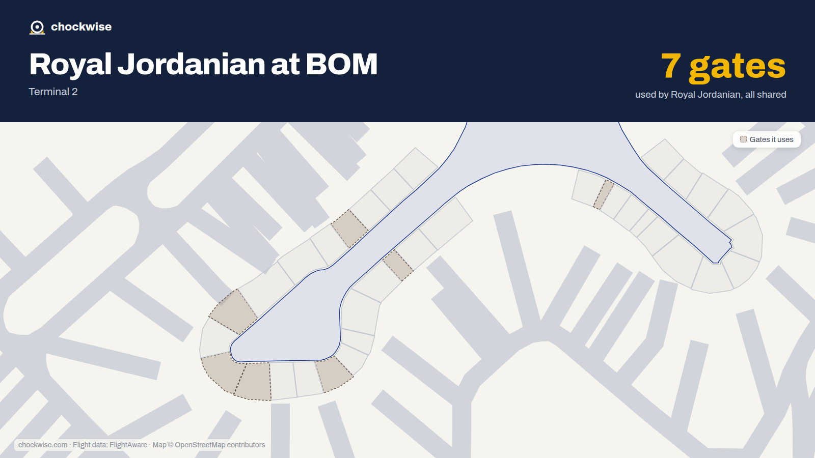 Map of BOM with the gates Royal Jordanian uses highlighted: 46A, 67B, 68A, 71, 74, 75 and 77.