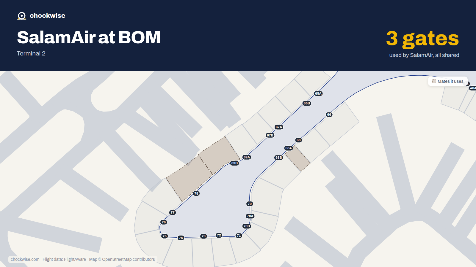 Map of BOM with the gates SalamAir uses highlighted: 68A, 69B and 78.