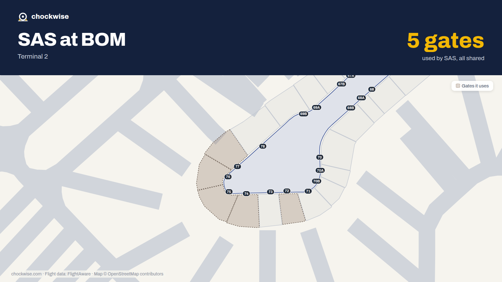 Map of BOM with the gates SAS Scandinavian Airlines uses highlighted: 72, 74, 75, 76 and 77.