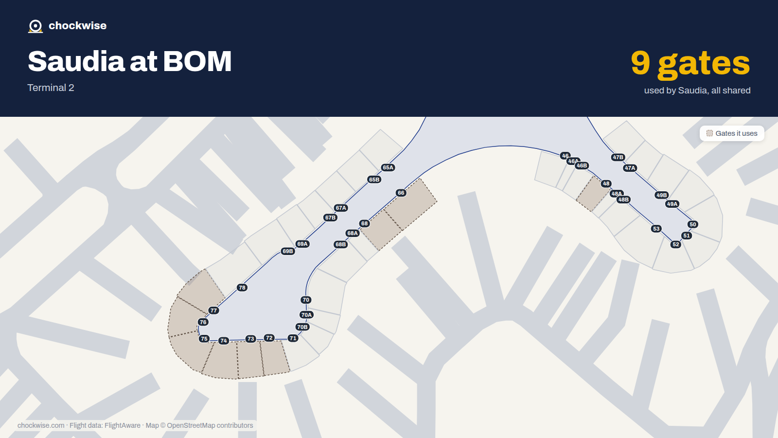Map of BOM with the gates Saudia uses highlighted: 48, 66, 68, 72, 73, 74, 75, 76 and 1 more.