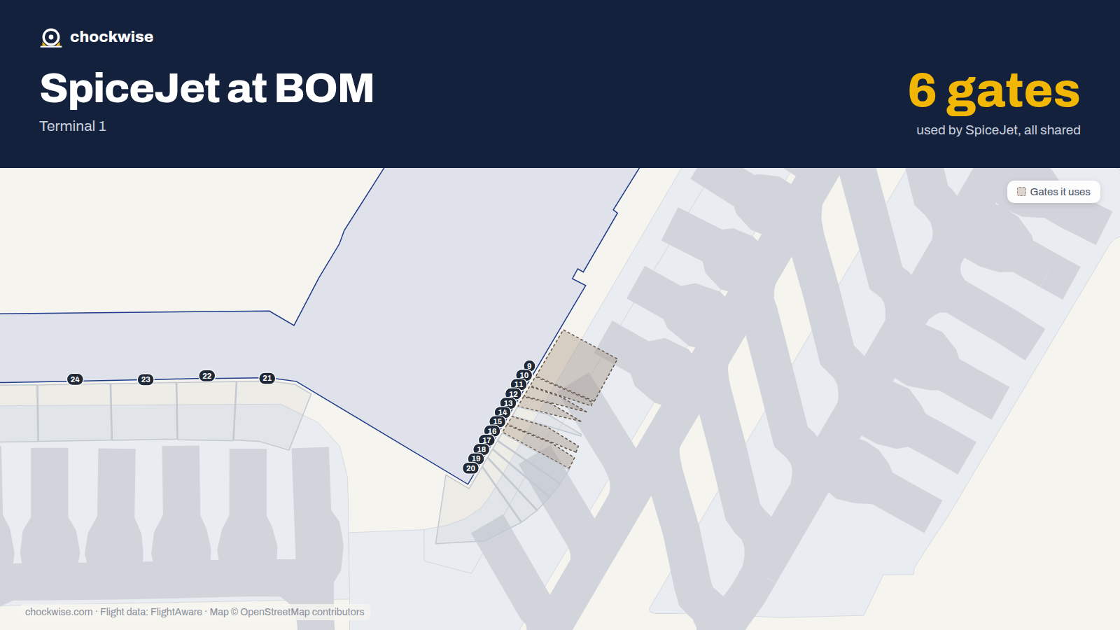 Map of BOM with the gates SpiceJet uses highlighted: 9, 10, 11, 12, 14 and 15.