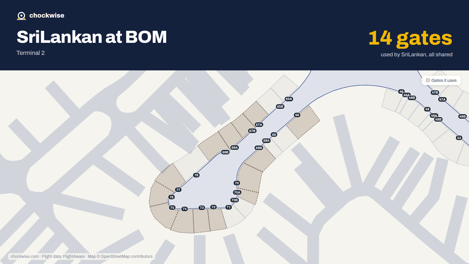 Map of BOM with the gates SriLankan Airlines uses highlighted: 66, 67A, 67B, 68B, 69A, 69B, 70, 70A and 6 more.