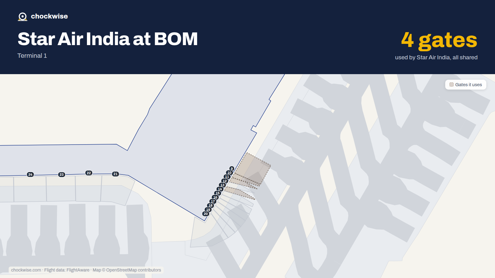 Map of BOM with the gates Star Air (India) uses highlighted: 9, 10, 11 and 13.