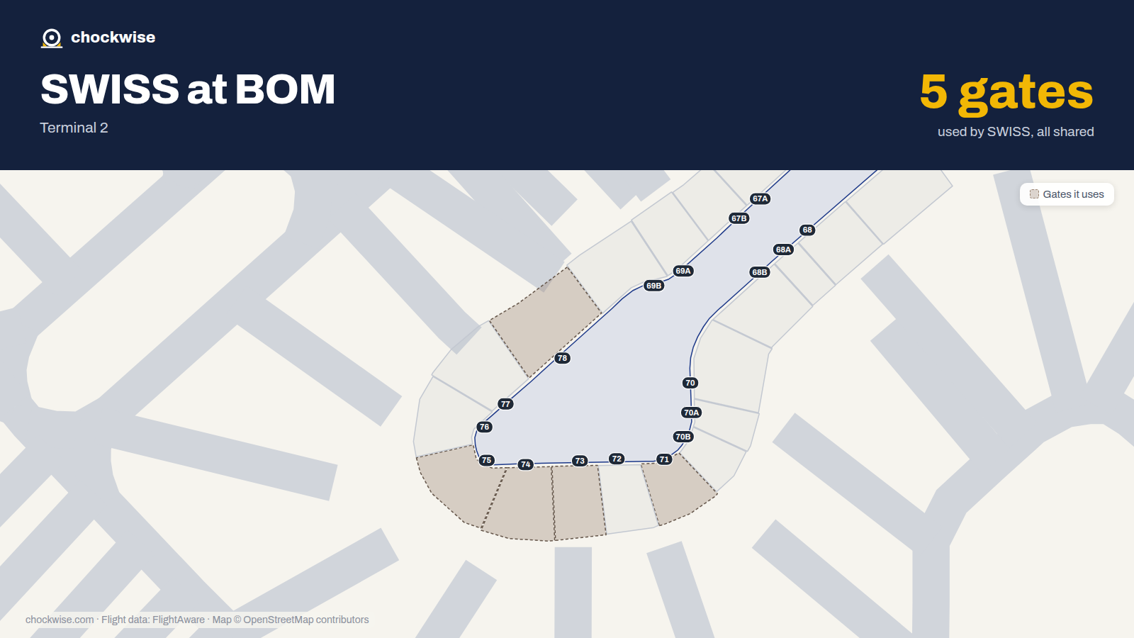 Map of BOM with the gates SWISS uses highlighted: 71, 73, 74, 75 and 78.