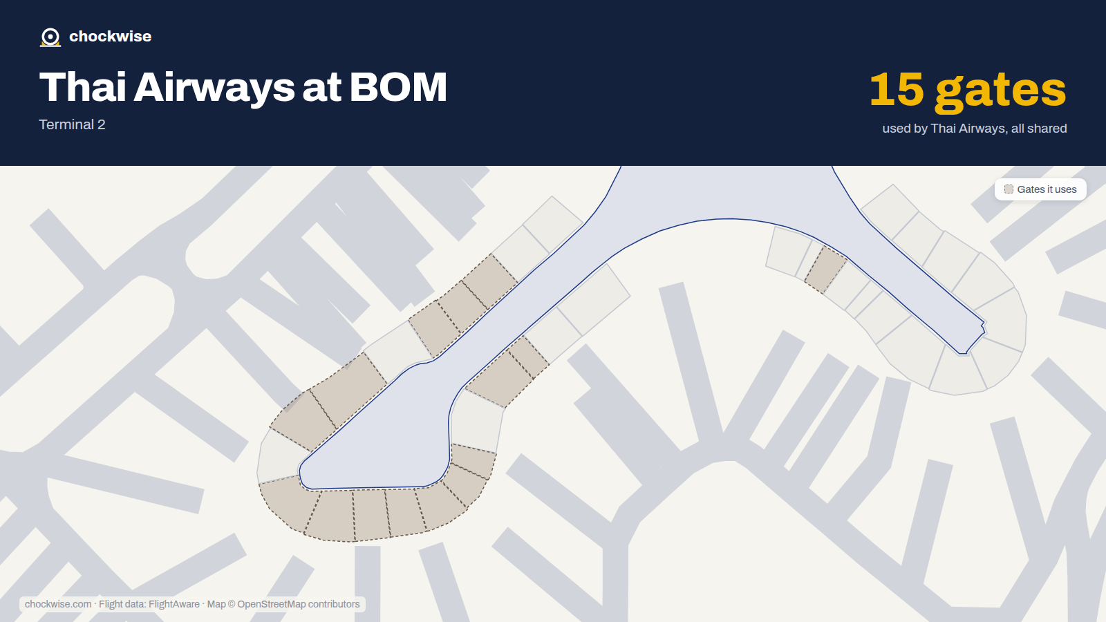 Map of BOM with the gates Thai Airways uses highlighted: 46B, 67A, 67B, 68A, 68B, 69A, 70A, 70B and 7 more.