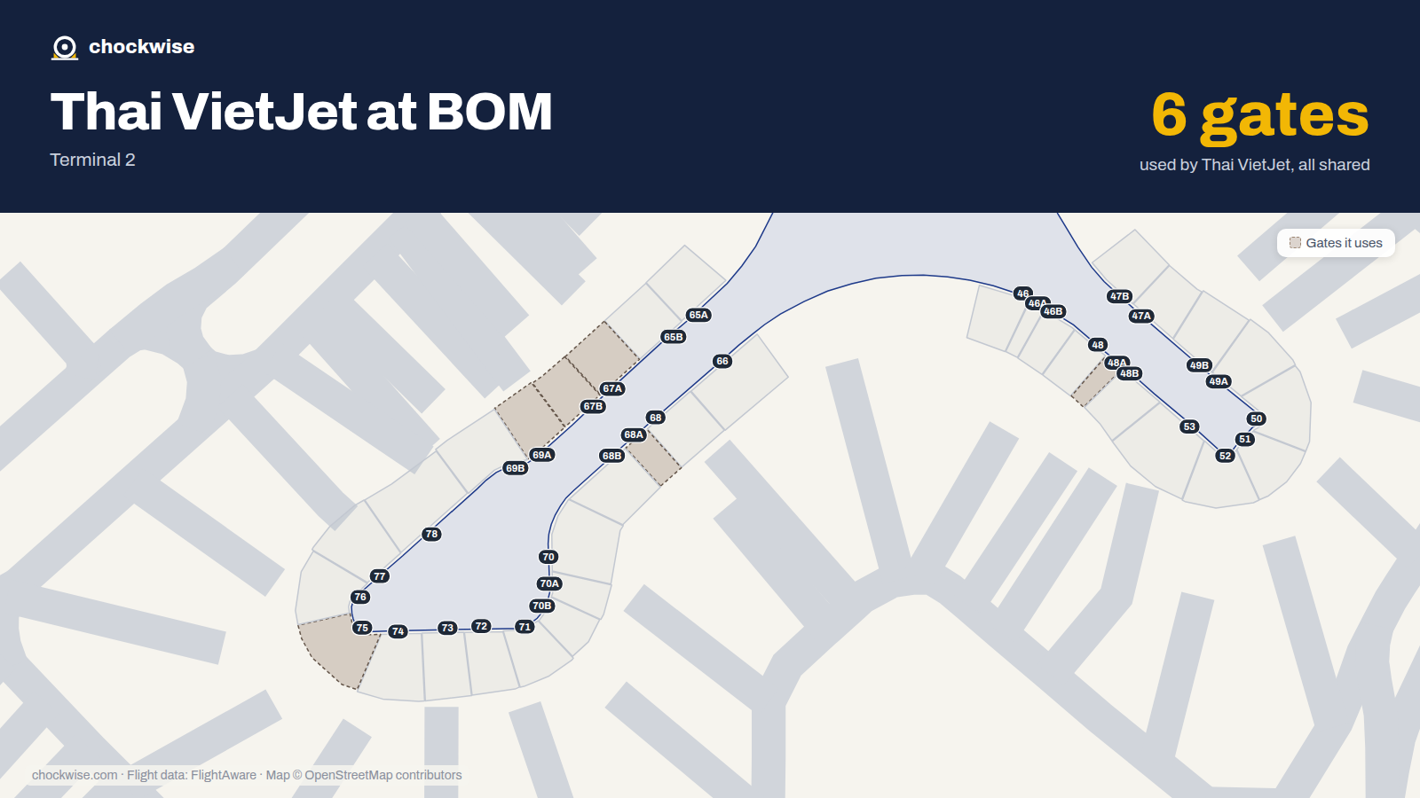 Map of BOM with the gates Thai VietJet Air uses highlighted: 48A, 67A, 67B, 68A, 69A and 75.