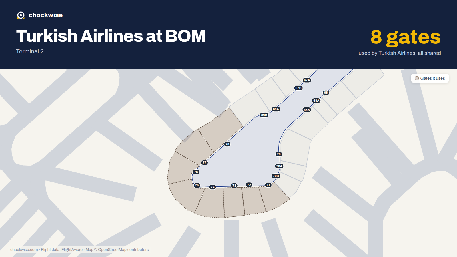 Map of BOM with the gates Turkish Airlines uses highlighted: 71, 72, 73, 74, 75, 76, 77 and 78.