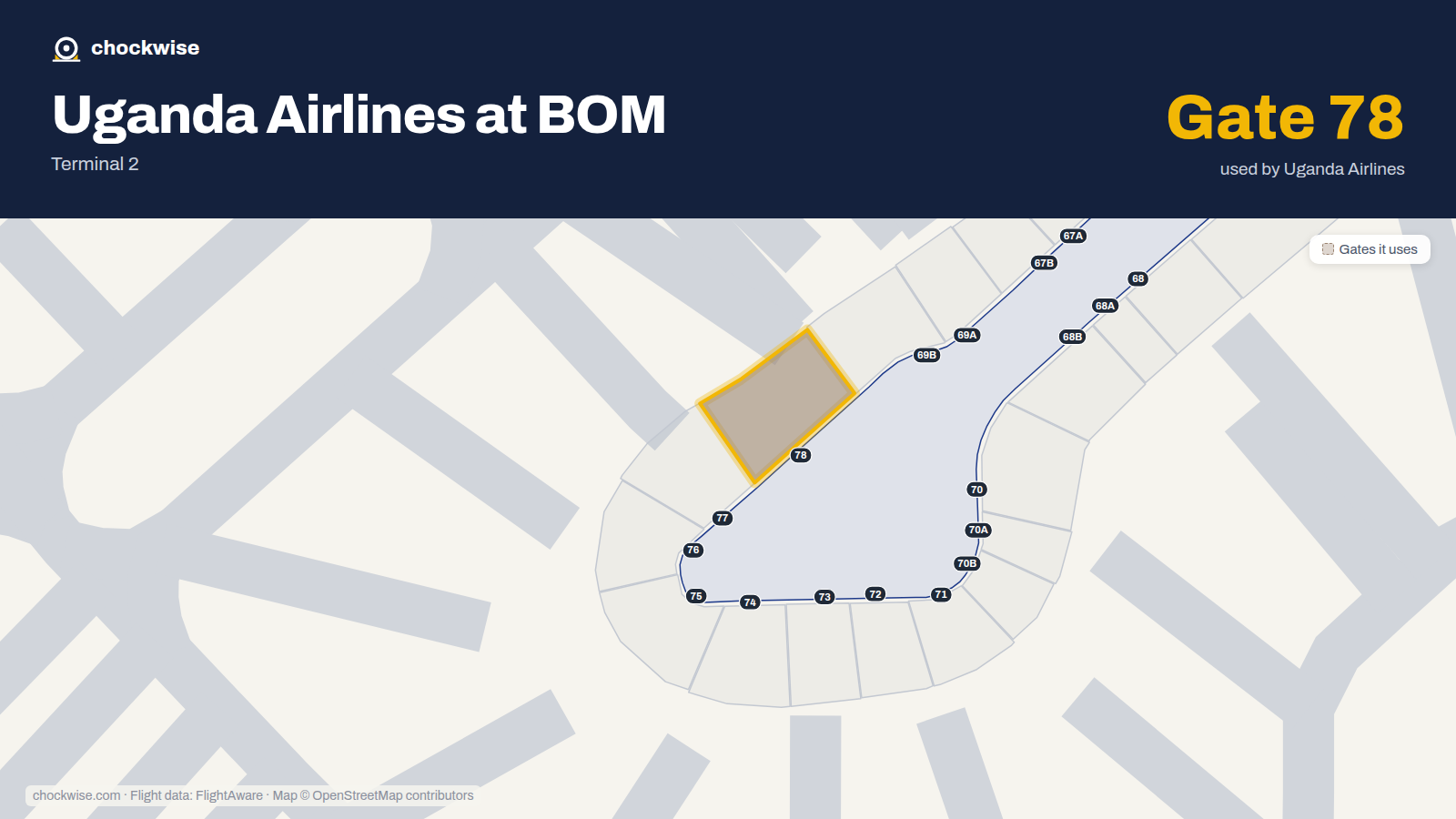 Map of BOM with the gates Uganda Airlines uses highlighted: 78.