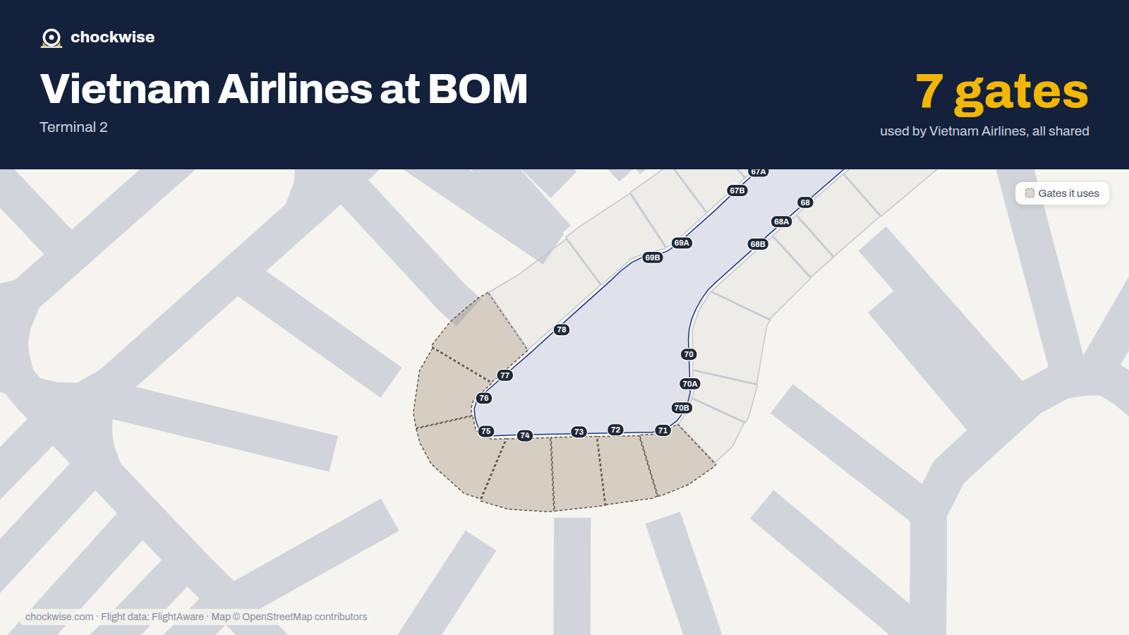 Map of BOM with the gates Vietnam Airlines uses highlighted: 71, 72, 73, 74, 75, 76 and 77.