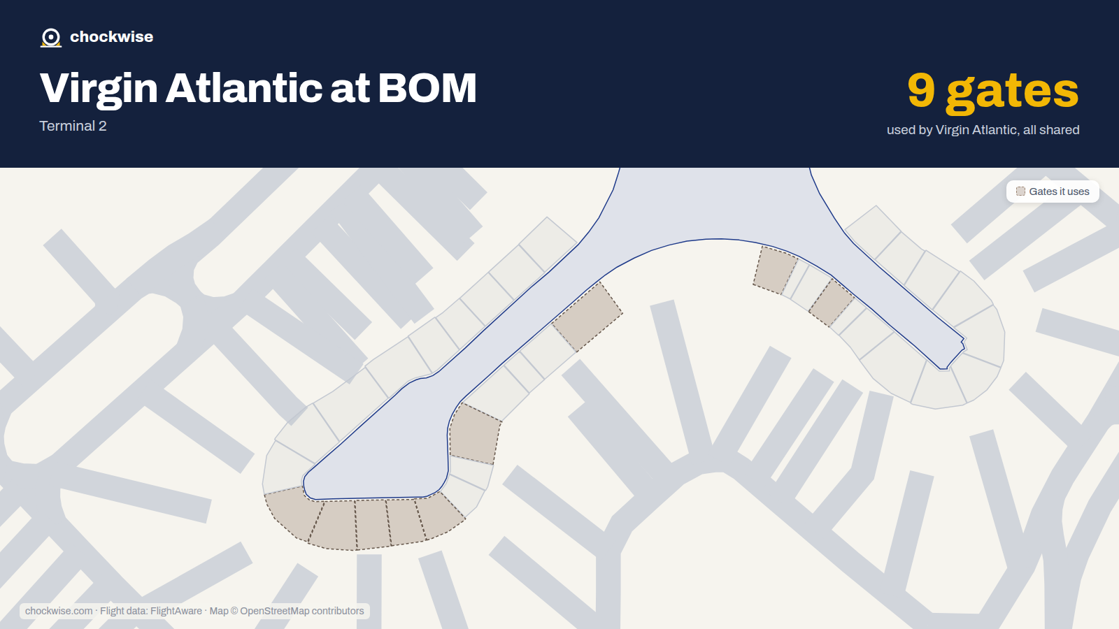 Map of BOM with the gates Virgin Atlantic uses highlighted: 46, 48, 66, 70, 71, 72, 73, 74 and 1 more.