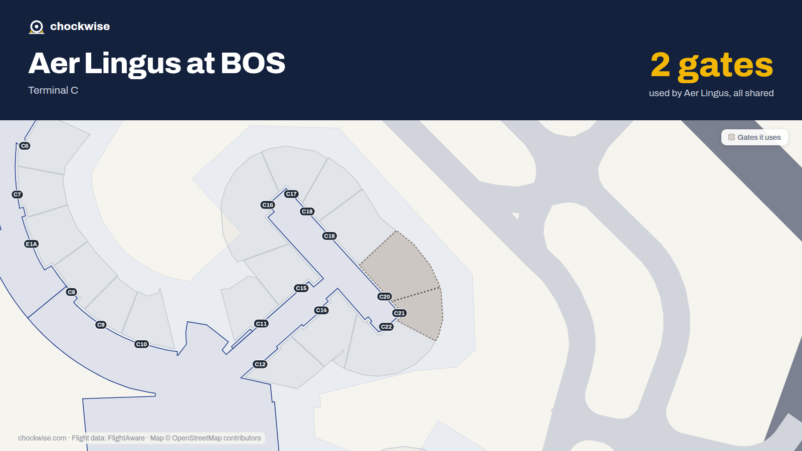Map of BOS with the gates Aer Lingus uses highlighted: C20 and C21.
