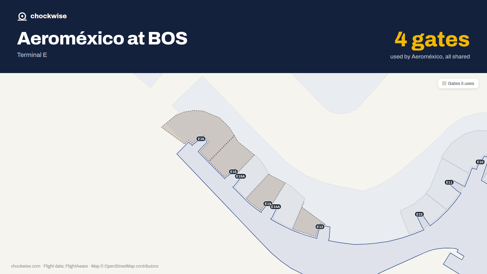Map of BOS with the gates Aeroméxico uses highlighted: E13, E14, E15 and E16.